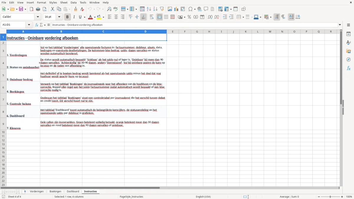 Screenshot 4: tabblad Instructies - Excel-sjabloon oninbare vordering afboeken excel sjabloon