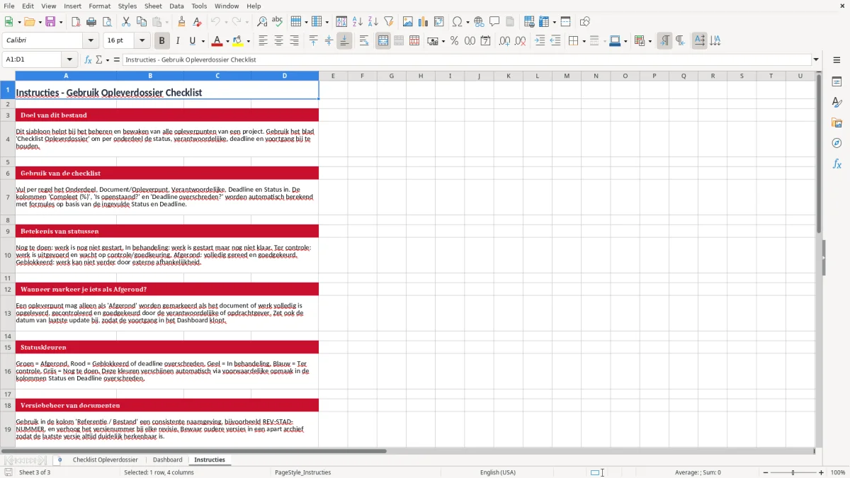 Screenshot 3: tabblad Instructies - Excel-sjabloon opleverdossier checklist excel sjabloon