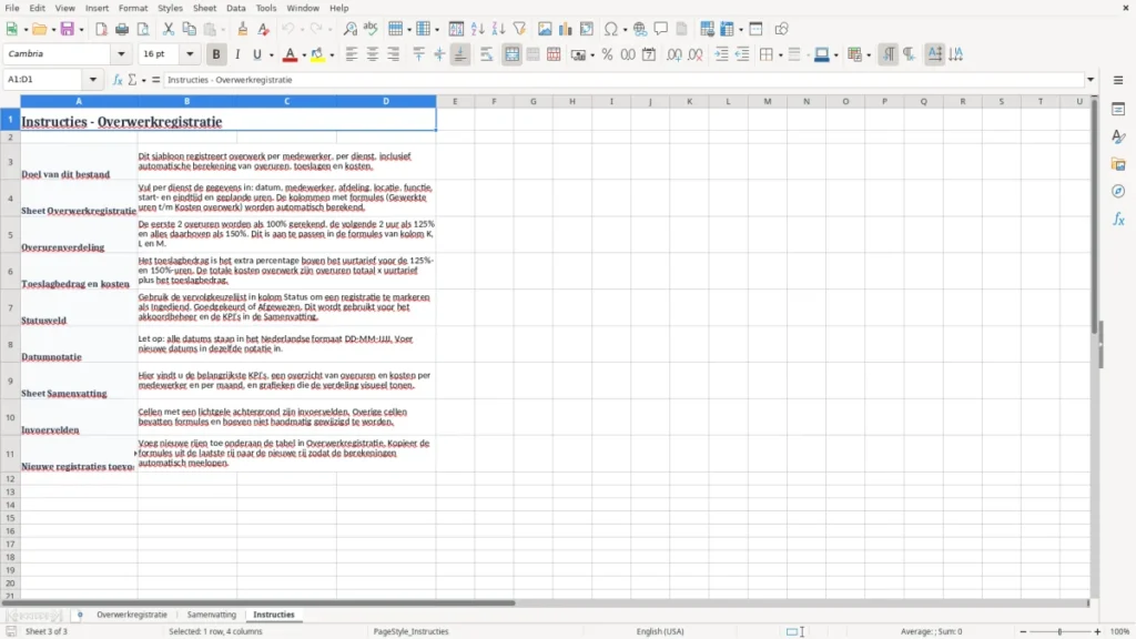 Instructies – Overwerkregistratie Excel – Gratis Sjabloon (2026)