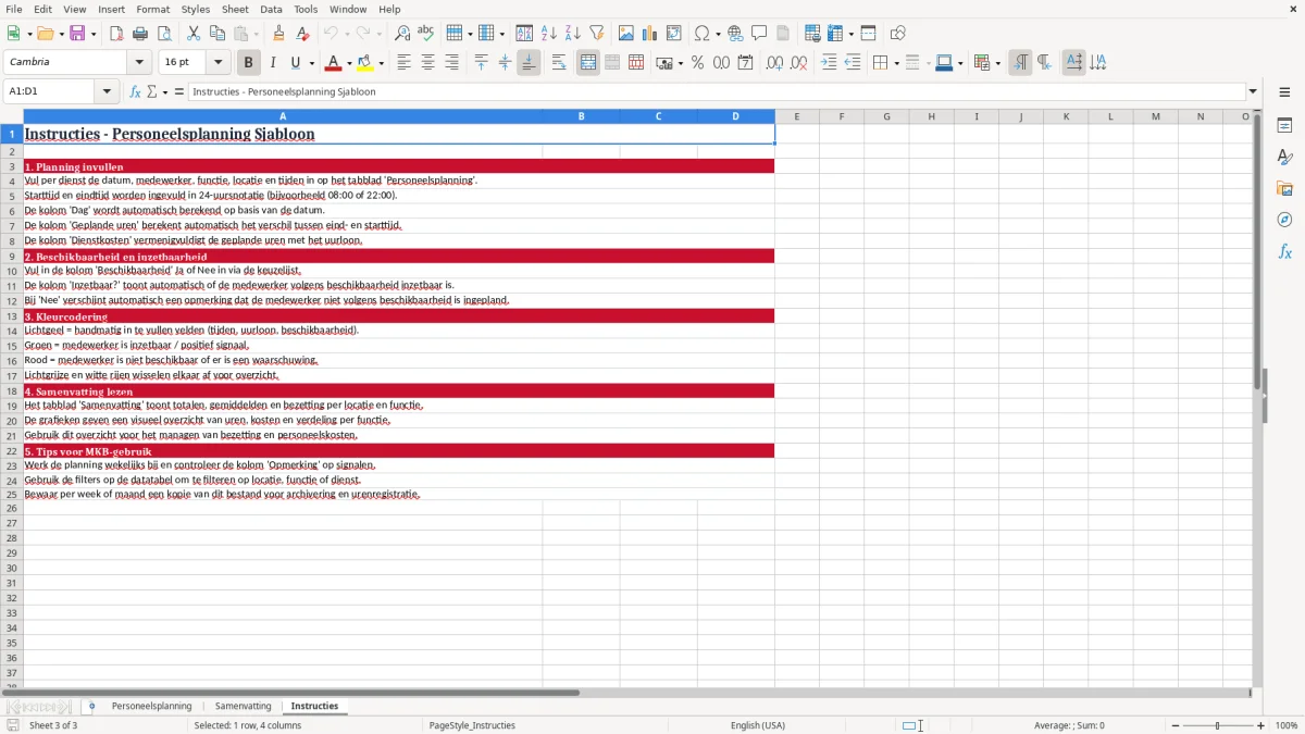 Screenshot 3: tabblad Instructies - Excel-sjabloon personeelsplanning excel sjabloon