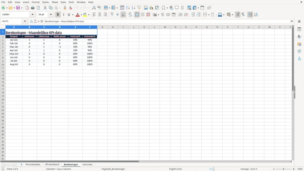 Berekeningen – Personeelsverloop KPI Excel – Gratis Sjabloon (2026)