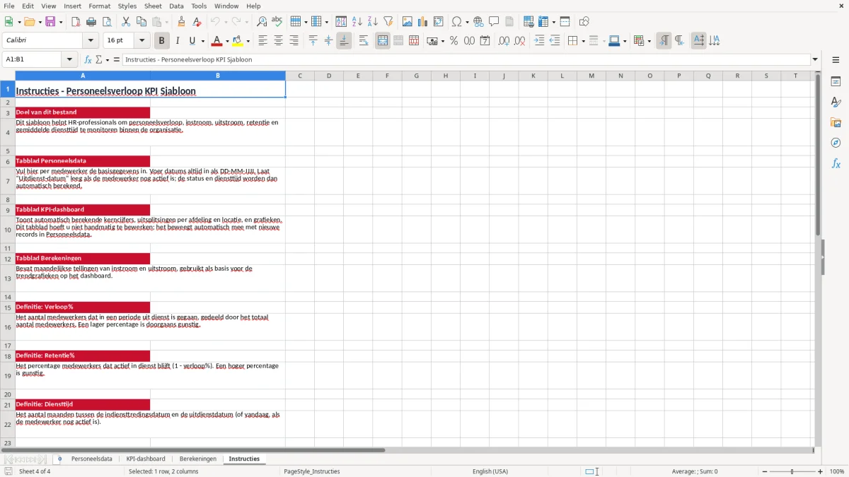 Screenshot 4: tabblad Instructies - Excel-sjabloon personeelsverloop kpi excel sjabloon