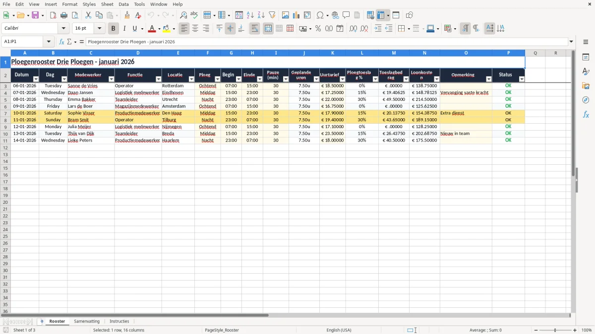 Screenshot 1: tabblad Rooster - Excel-sjabloon ploegenrooster drie ploegen excel sjabloon