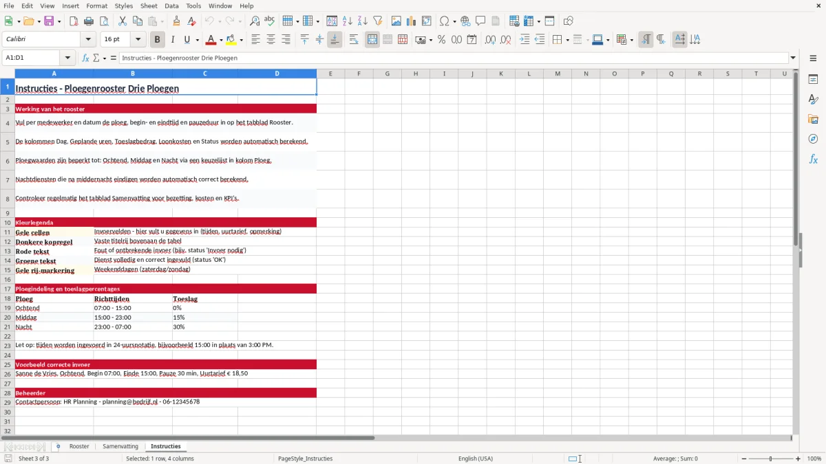Screenshot 3: tabblad Instructies - Excel-sjabloon ploegenrooster drie ploegen excel sjabloon