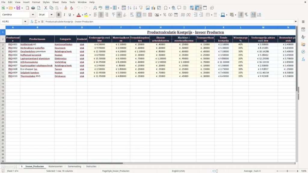 Invoer_Producten – Productcalculatie Excel – Gratis Sjabloon (2026)