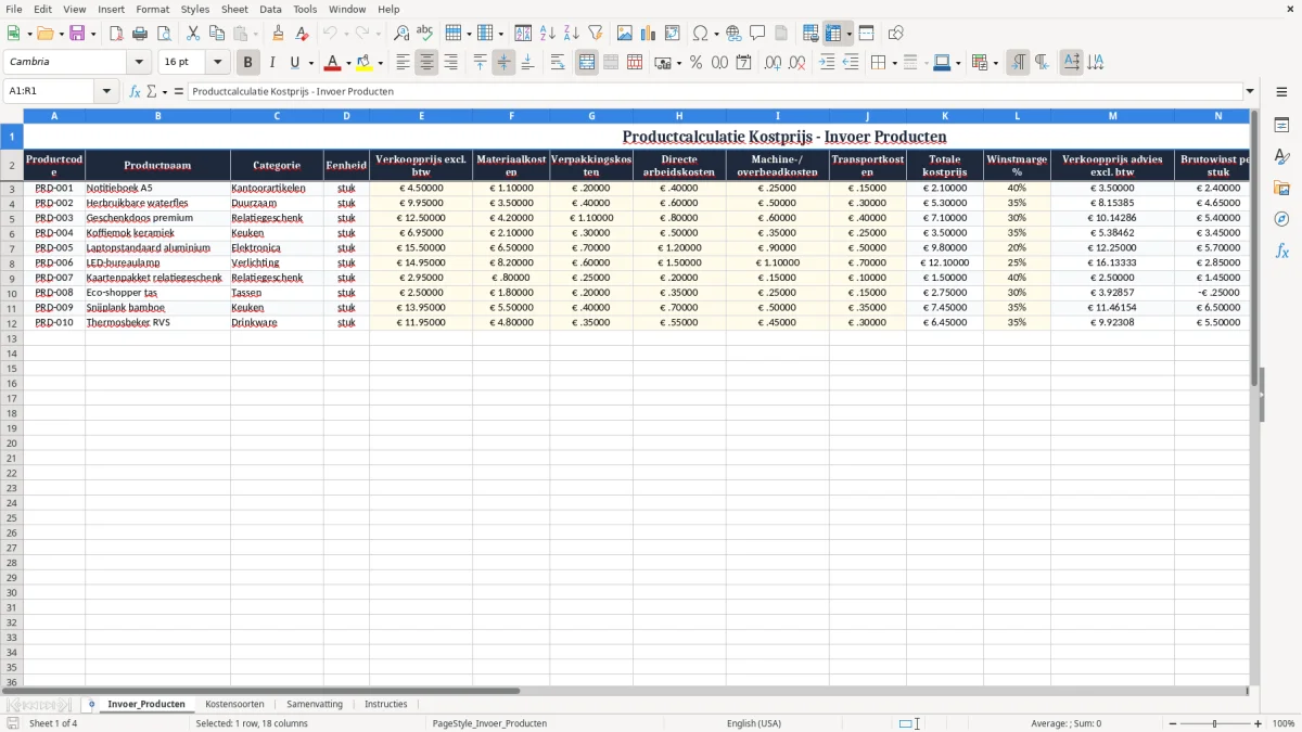 Screenshot 1: tabblad Invoer_Producten - Excel-sjabloon productcalculatie kostprijs excel sjabloon