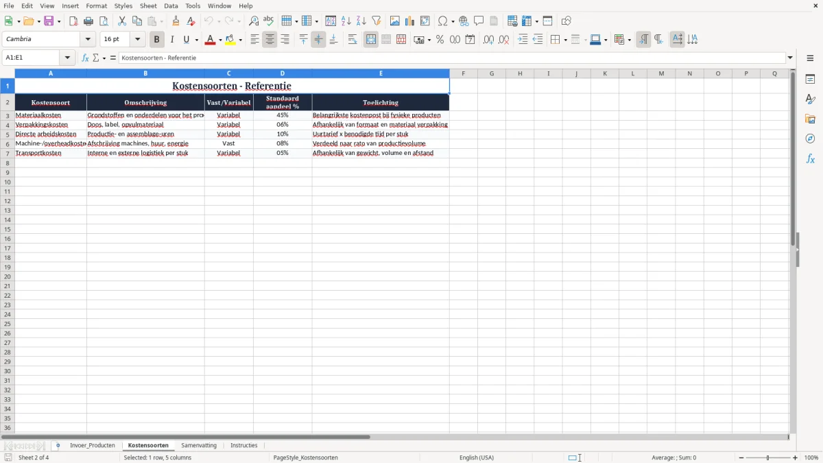 Screenshot 2: tabblad Kostensoorten - Excel-sjabloon productcalculatie kostprijs excel sjabloon