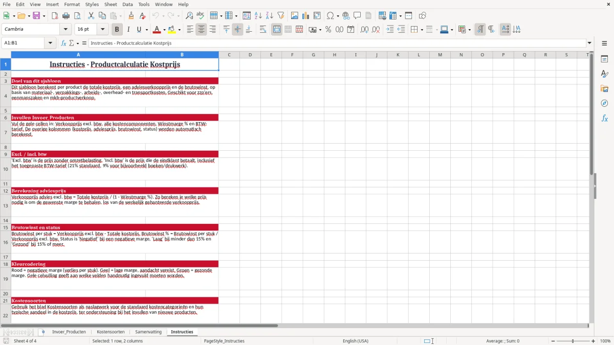 Screenshot 4: tabblad Instructies - Excel-sjabloon productcalculatie kostprijs excel sjabloon
