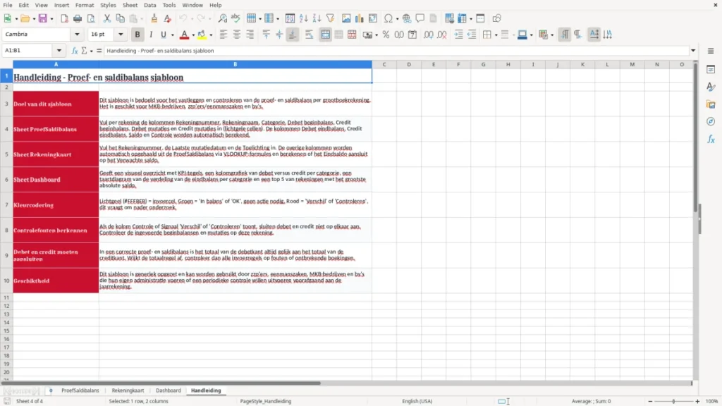 Handleiding – Proef- en saldibalans Excel Sjabloon (2026)