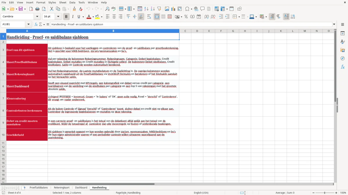 Screenshot 4: tabblad Handleiding - Excel-sjabloon proef- en saldibalans excel sjabloon