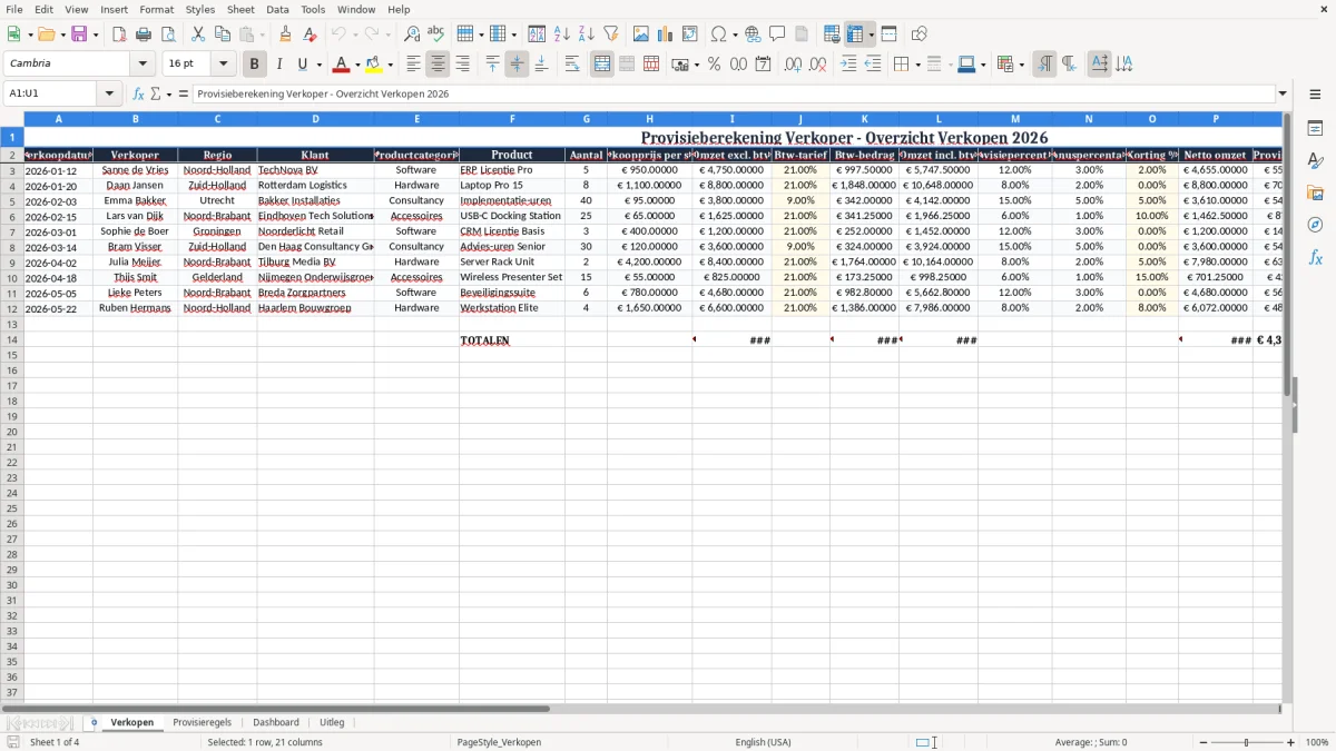 Screenshot 1: tabblad Verkopen - Excel-sjabloon provisieberekening verkoper excel sjabloon