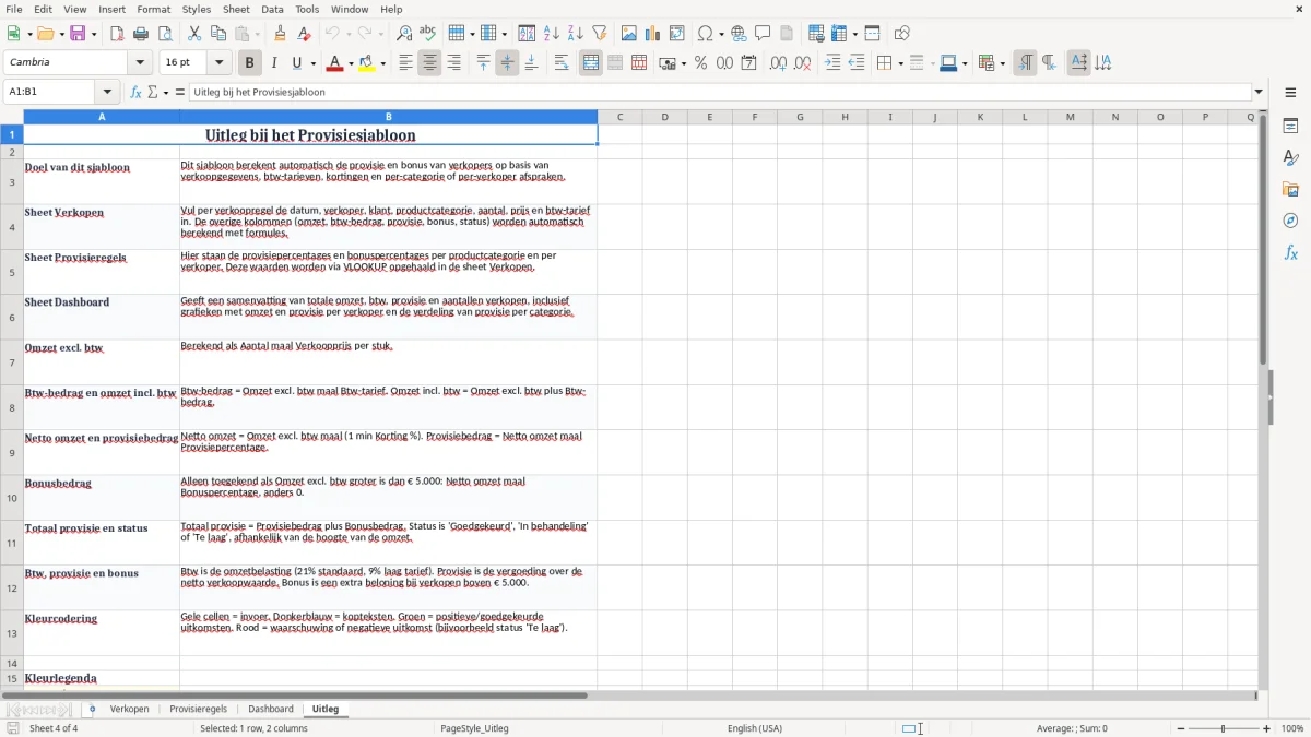 Screenshot 4: tabblad Uitleg - Excel-sjabloon provisieberekening verkoper excel sjabloon
