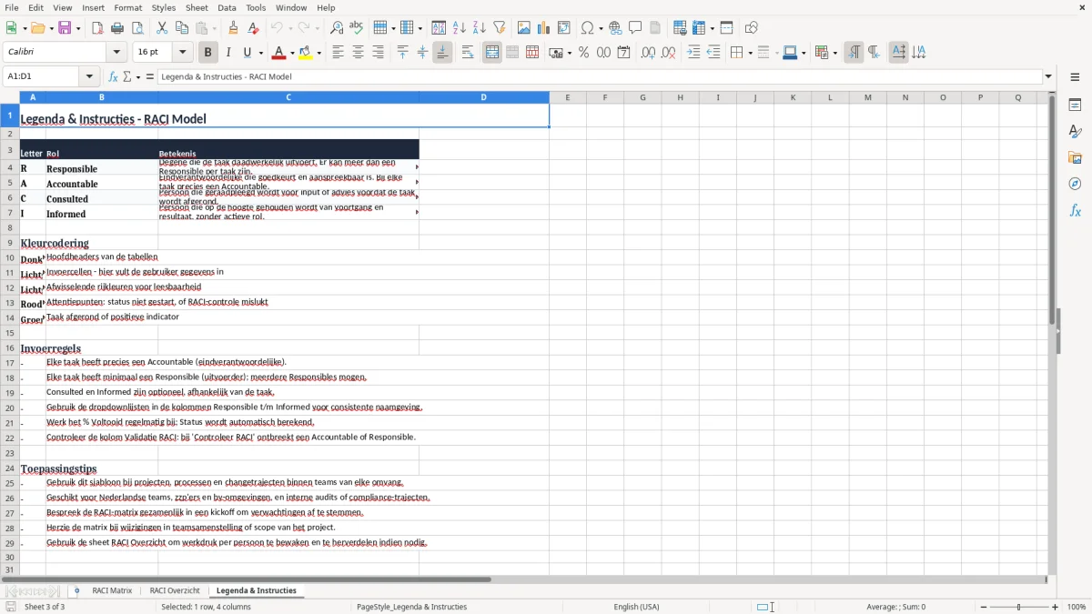 Screenshot 3: tabblad Legenda & Instructies - Excel-sjabloon raci matrix excel sjabloon