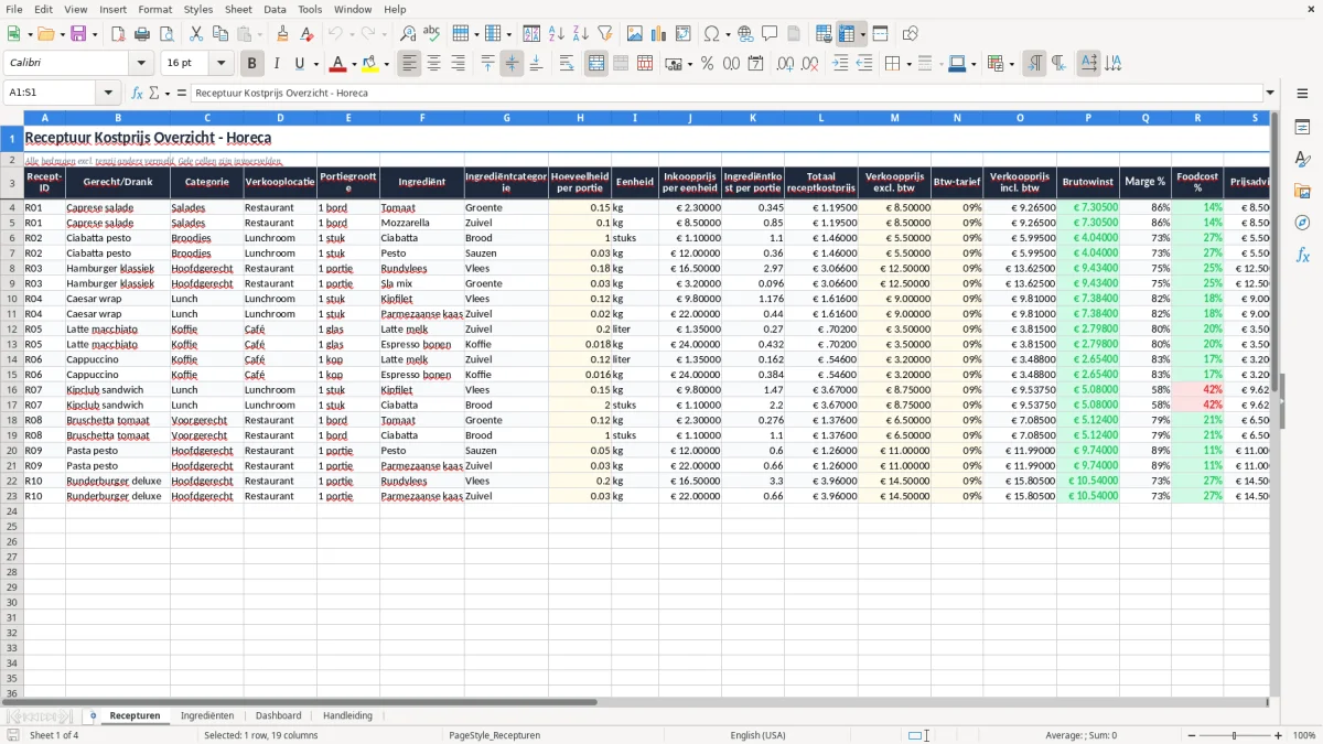 Screenshot 1: tabblad Recepturen - Excel-sjabloon receptuur kostprijs horeca excel sjabloon
