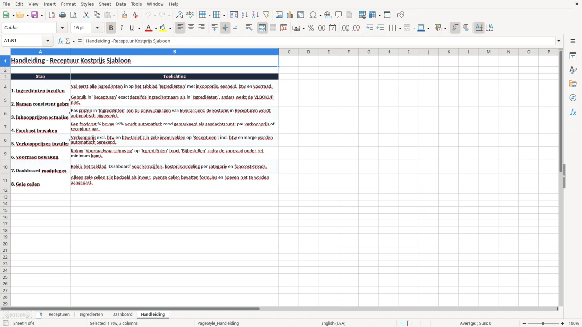 Screenshot 4: tabblad Handleiding - Excel-sjabloon receptuur kostprijs horeca excel sjabloon