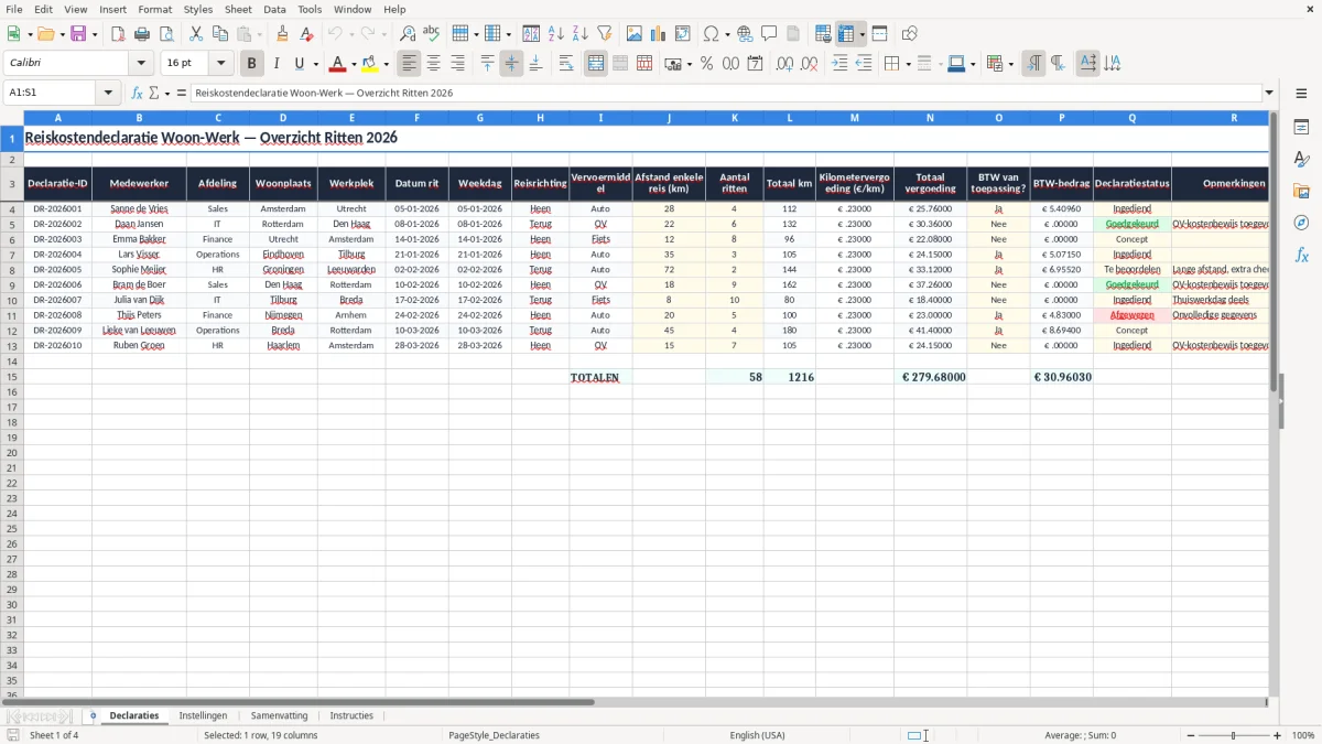 Screenshot 1: tabblad Declaraties - Excel-sjabloon reiskostendeclaratie woon-werk excel sjabloon