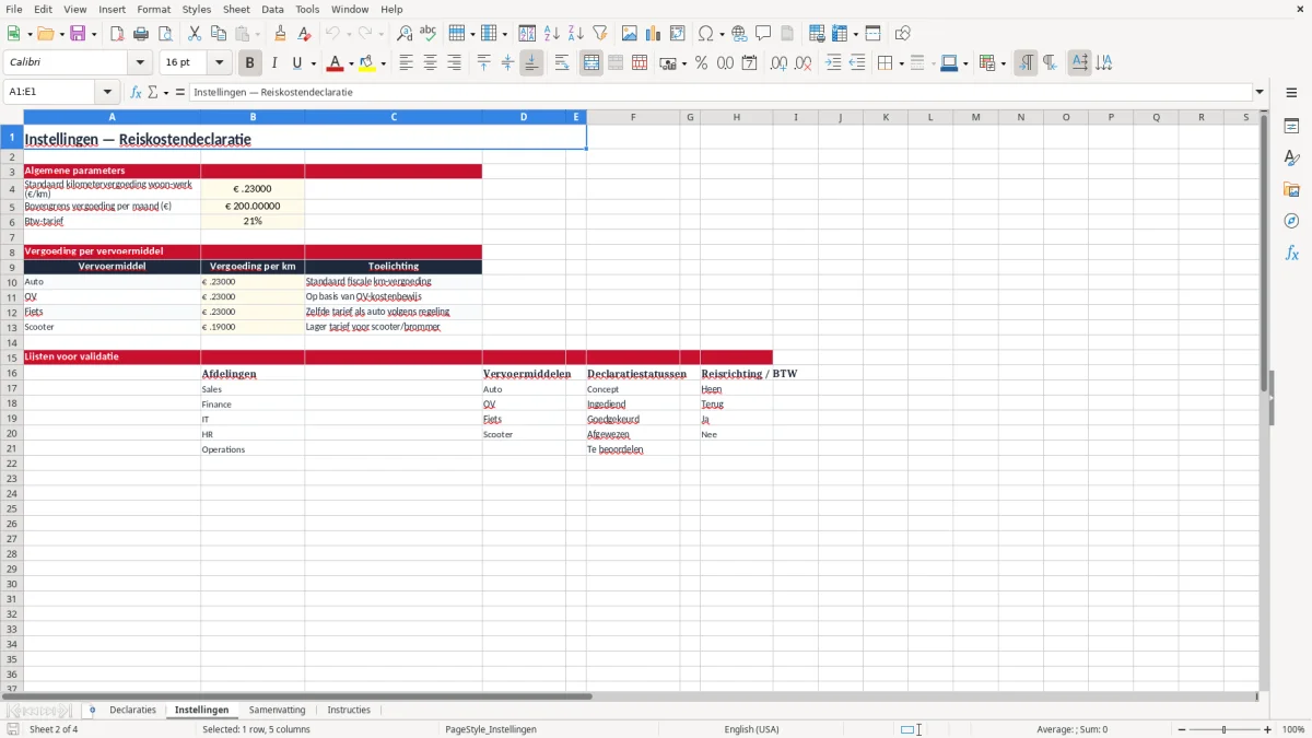Screenshot 2: tabblad Instellingen - Excel-sjabloon reiskostendeclaratie woon-werk excel sjabloon