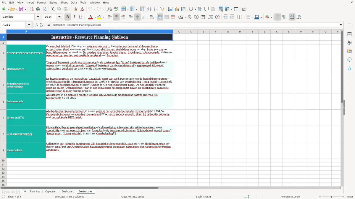 Screenshot 4: tabblad Instructies - Excel-sjabloon resource planning project excel sjabloon