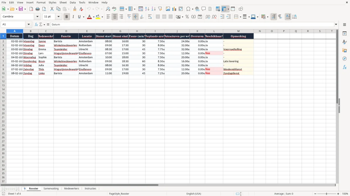 Screenshot 1: tabblad Rooster - Excel-sjabloon rooster excel sjabloon