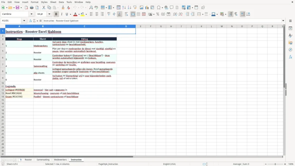 Instructies – Werkrooster Excel – Gratis Sjabloon (2026)