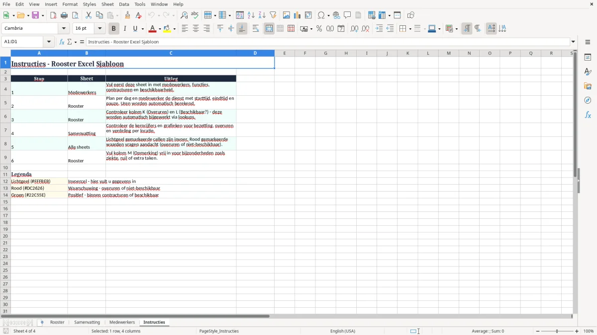 Screenshot 4: tabblad Instructies - Excel-sjabloon rooster excel sjabloon