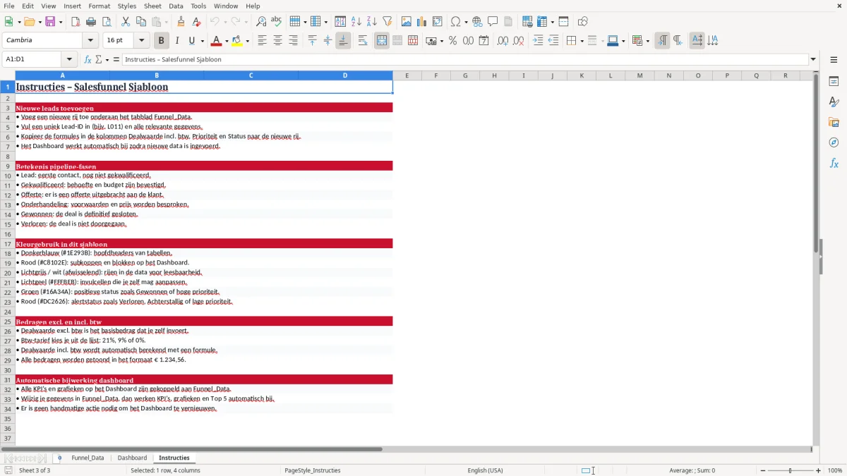 Screenshot 3: tabblad Instructies - Excel-sjabloon salesfunnel overzicht excel sjabloon