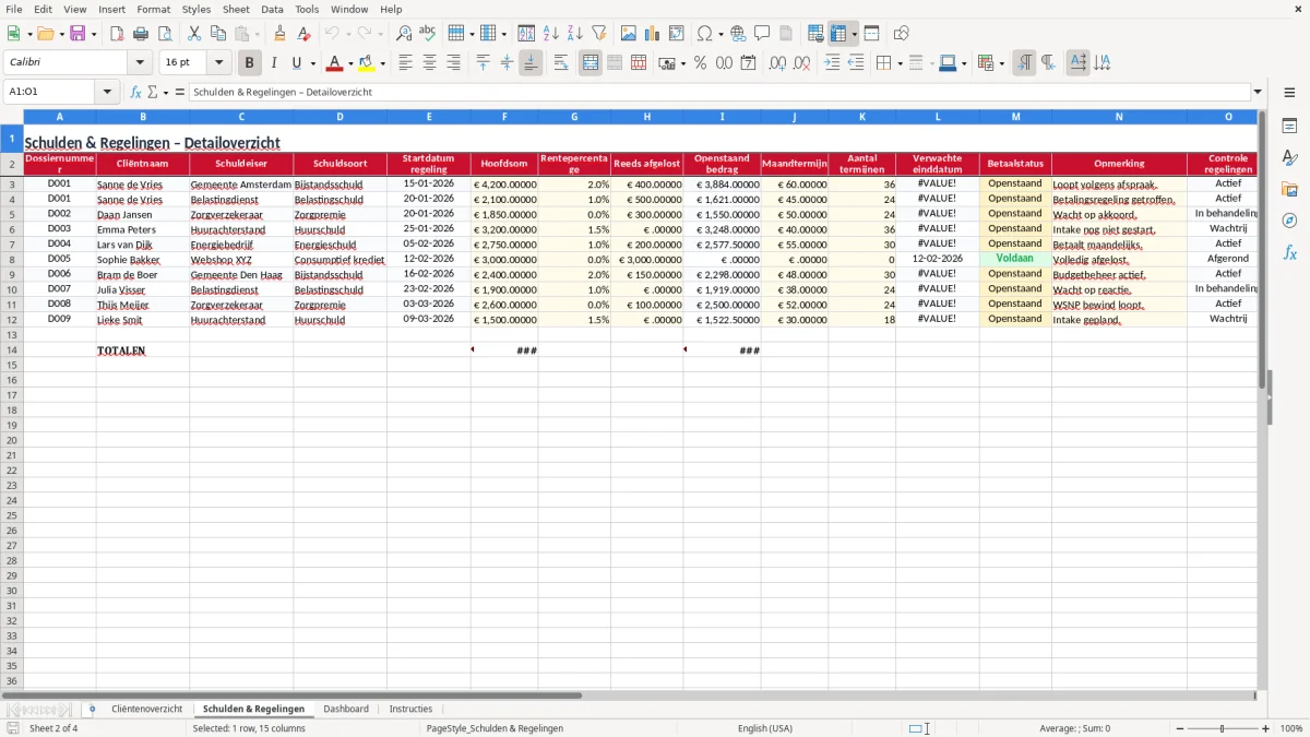 Screenshot 2: tabblad Schulden & Regelingen - Excel-sjabloon schuldhulpverlening overzicht excel sjabloon