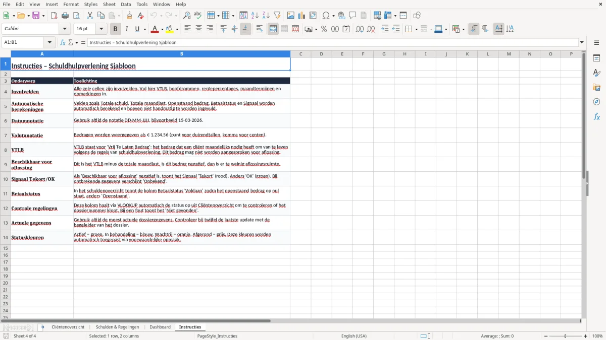 Screenshot 4: tabblad Instructies - Excel-sjabloon schuldhulpverlening overzicht excel sjabloon