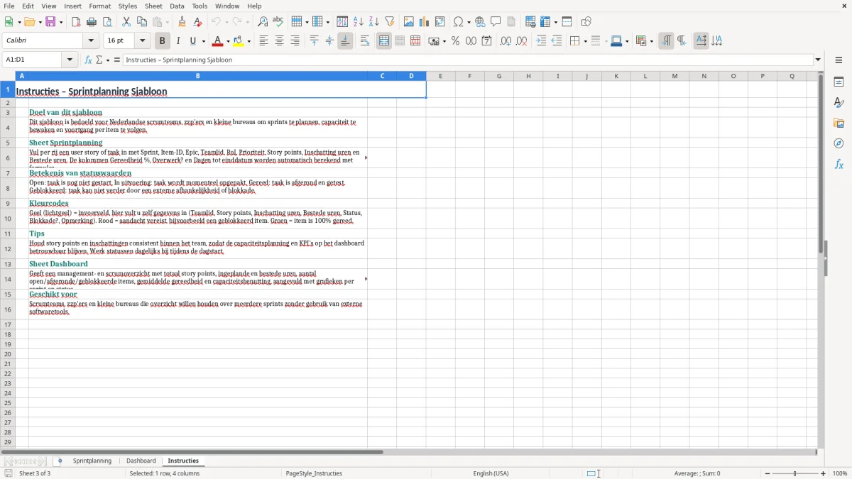 Screenshot 3: tabblad Instructies - Excel-sjabloon sprintplanning scrum excel sjabloon