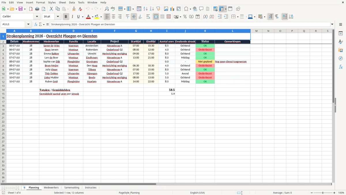 Screenshot 1: tabblad Planning - Excel-sjabloon strokenplanning excel sjabloon