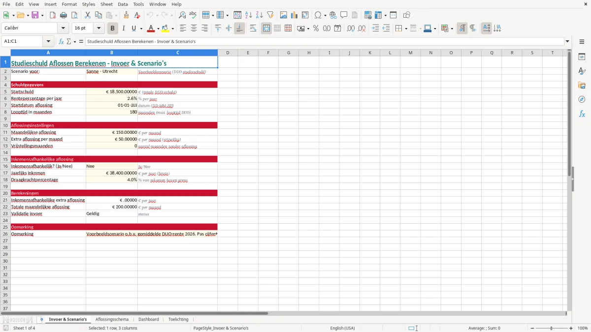 Screenshot 1: tabblad Invoer & Scenario's - Excel-sjabloon studieschuld aflossen berekenen excel sjabloon