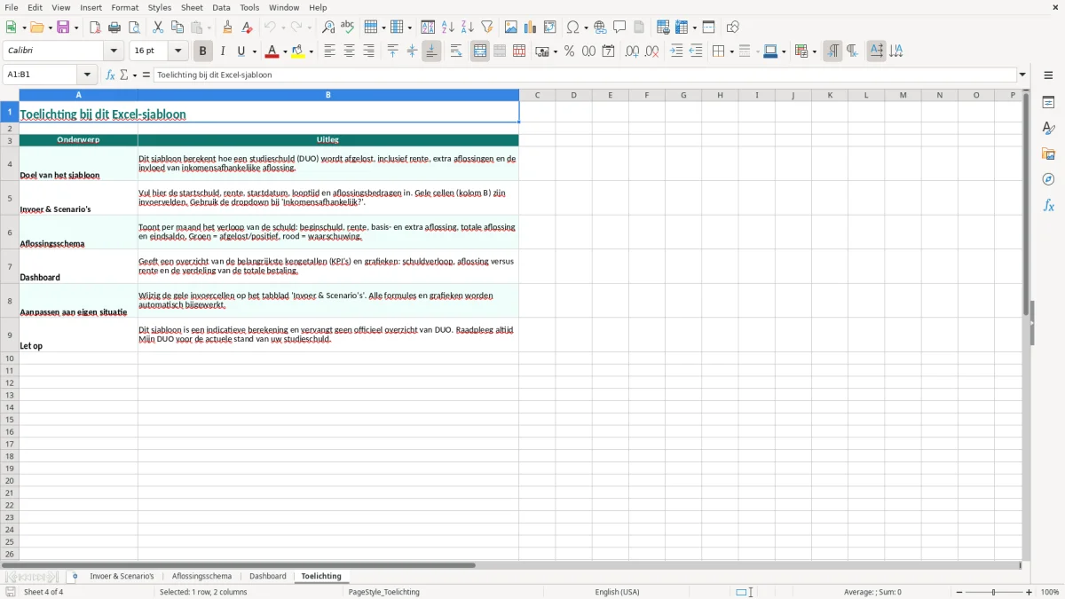 Screenshot 4: tabblad Toelichting - Excel-sjabloon studieschuld aflossen berekenen excel sjabloon