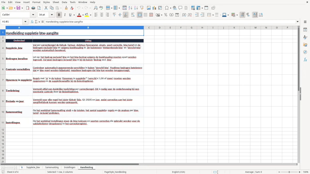 Screenshot 4: tabblad Handleiding - Excel-sjabloon suppletie btw aangifte excel sjabloon
