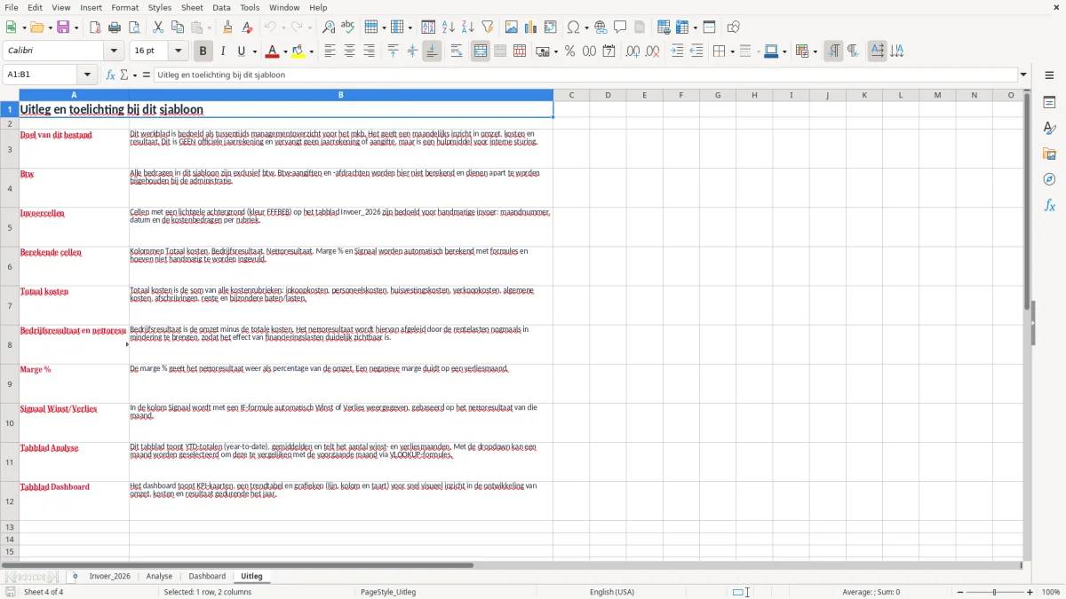 Screenshot 4: tabblad Uitleg - Excel-sjabloon tussentijdse cijfers mkb excel sjabloon
