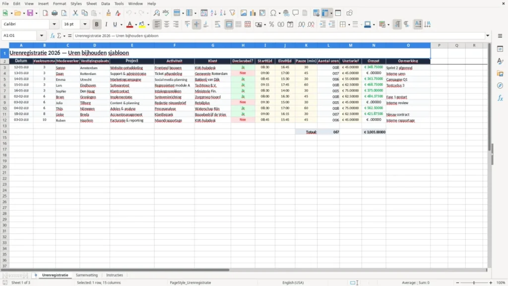 Urenregistratie – Uren bijhouden Excel Sjabloon (2026)