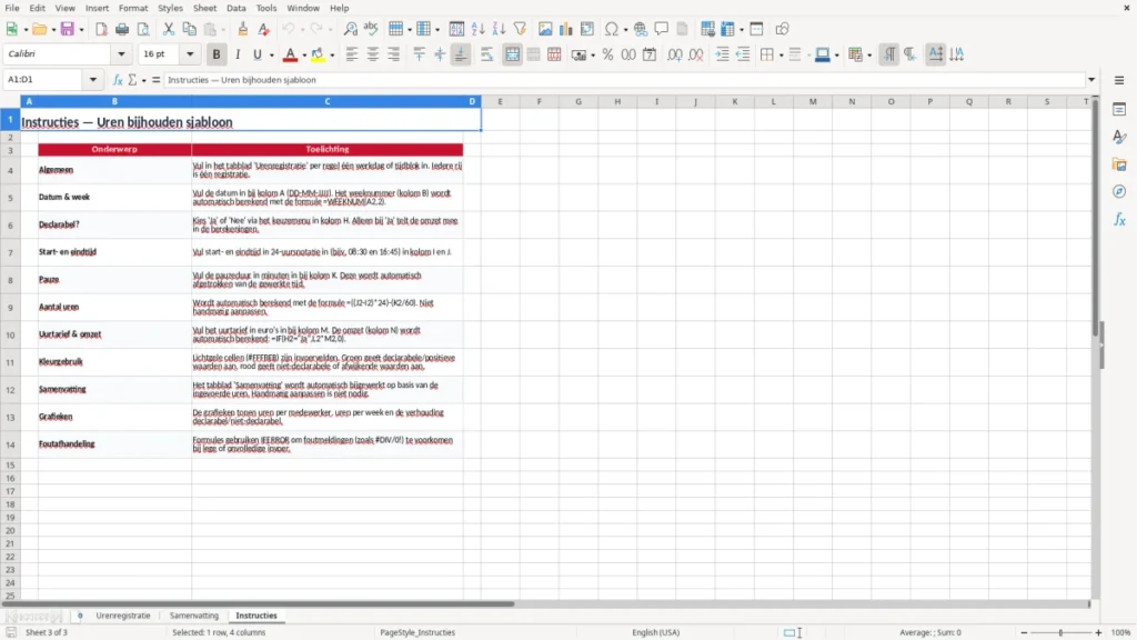 Instructies – Uren bijhouden Excel Sjabloon (2026)