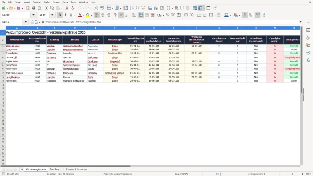 Verzuimregistratie – Verzuimprotocol Excel – Gratis Sjabloon (2026)