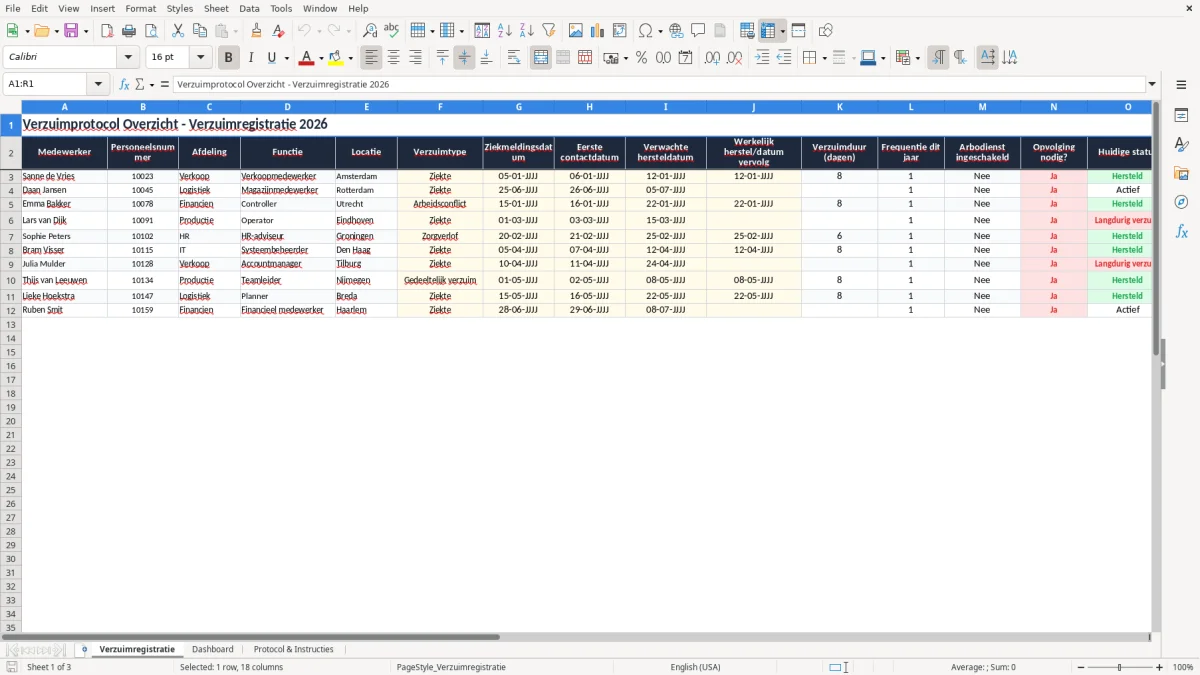Screenshot 1: tabblad Verzuimregistratie - Excel-sjabloon verzuimprotocol overzicht excel sjabloon