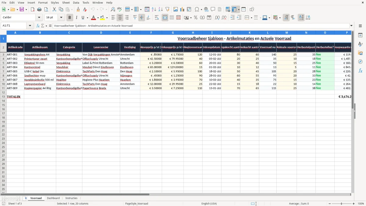 Screenshot 1: tabblad Voorraad - Excel-sjabloon voorraadbeheer excel sjabloon