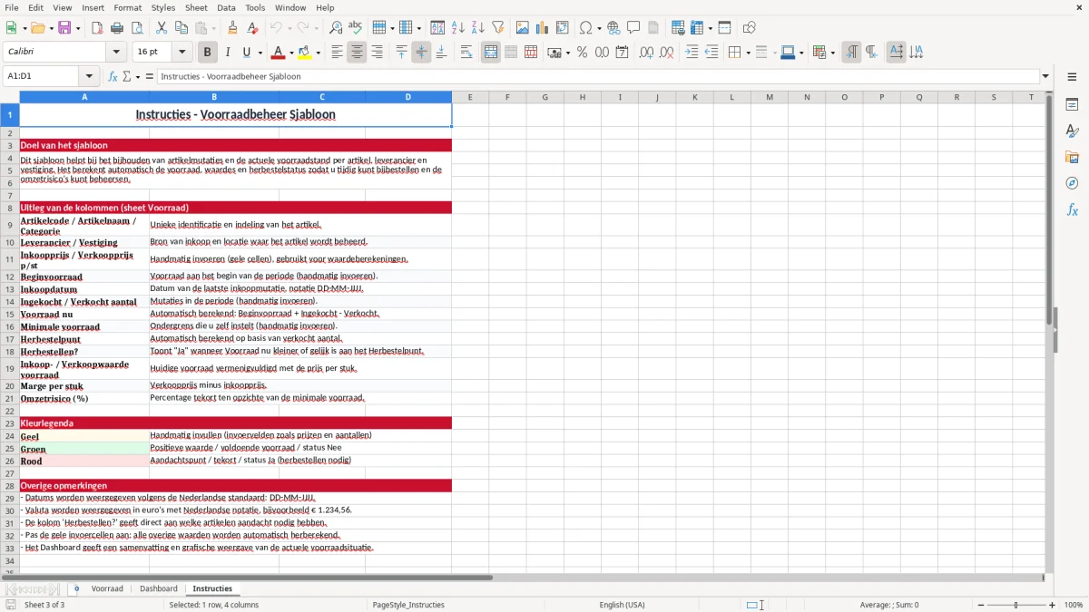 Screenshot 3: tabblad Instructies - Excel-sjabloon voorraadbeheer excel sjabloon