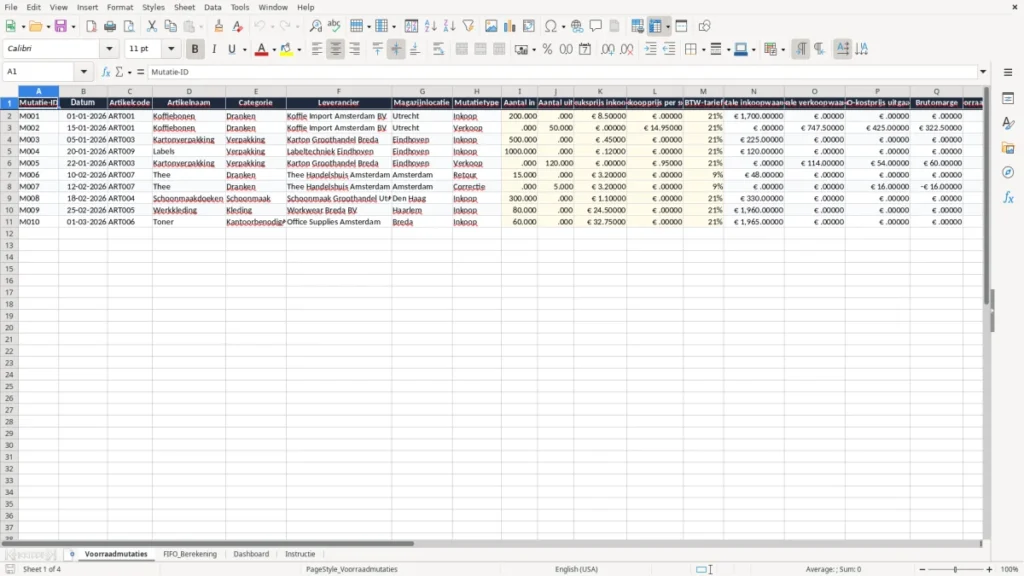 Voorraadmutaties – Voorraadwaardering FIFO Excel Sjabloon (2026)