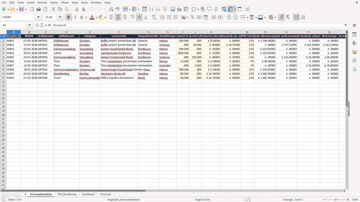 Screenshot 1: tabblad Voorraadmutaties - Excel-sjabloon voorraadwaardering fifo excel sjabloon