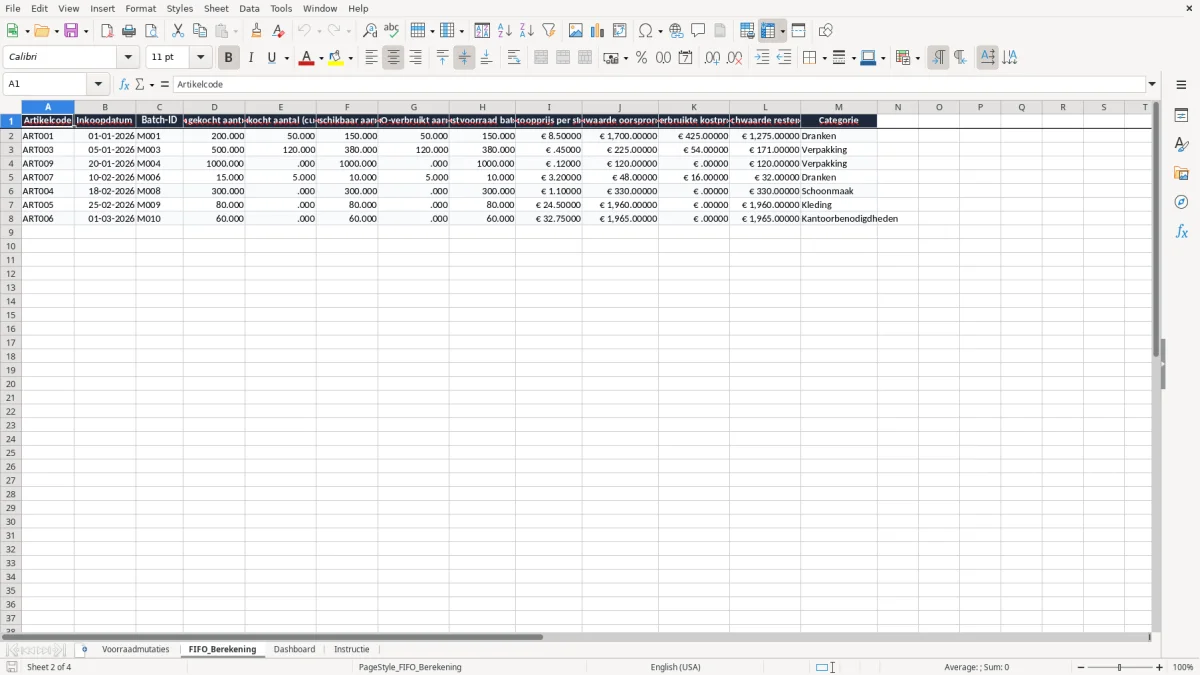 Screenshot 2: tabblad FIFO_Berekening - Excel-sjabloon voorraadwaardering fifo excel sjabloon