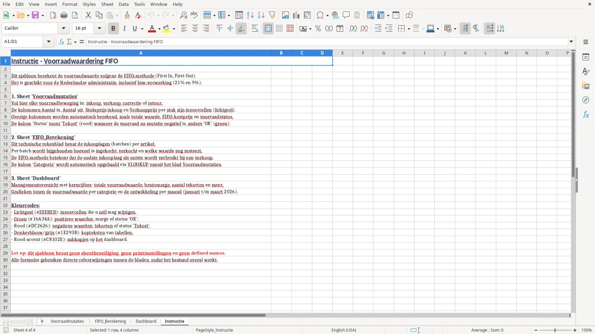 Screenshot 4: tabblad Instructie - Excel-sjabloon voorraadwaardering fifo excel sjabloon