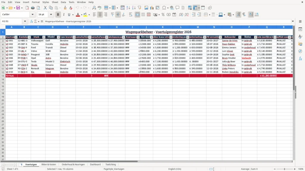 Voertuigen – Wagenparkbeheer Excel Sjabloon (2026)