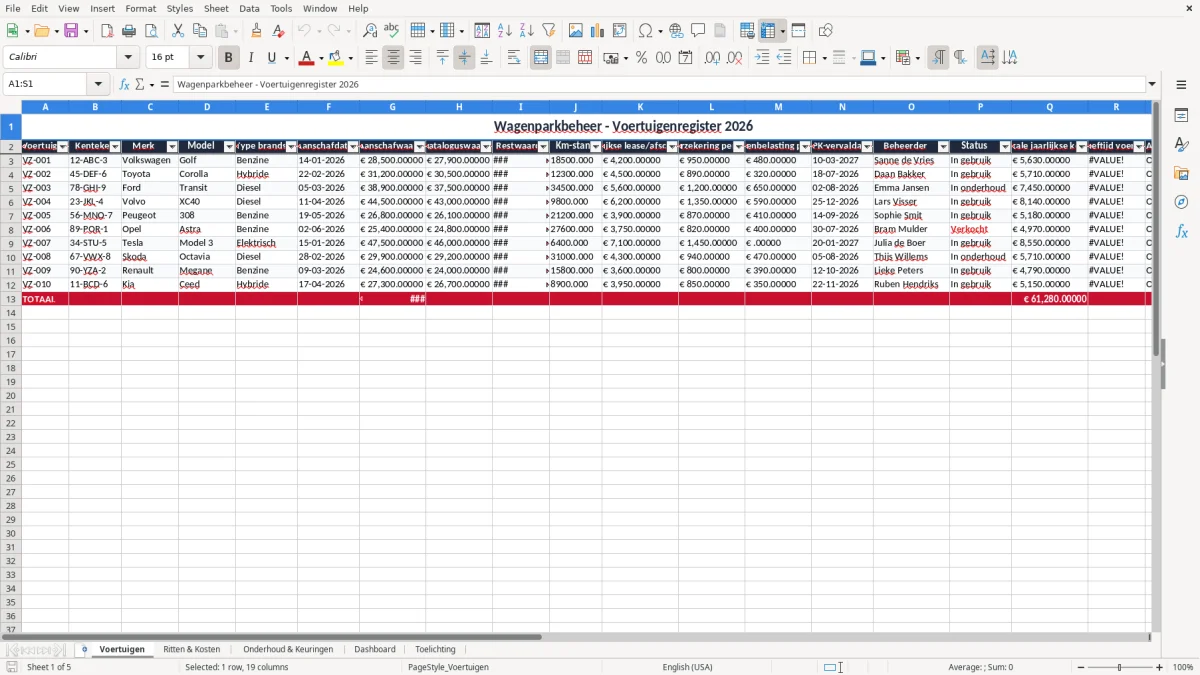 Screenshot 1: tabblad Voertuigen - Excel-sjabloon wagenparkbeheer excel sjabloon