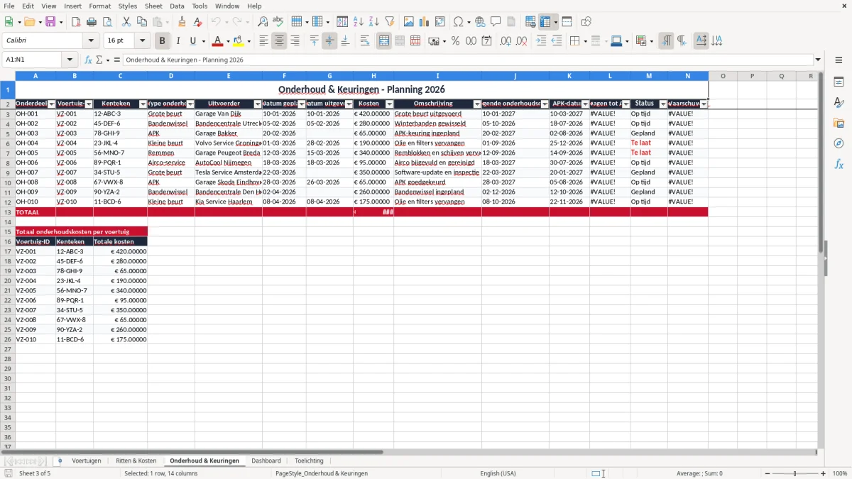 Screenshot 3: tabblad Onderhoud & Keuringen - Excel-sjabloon wagenparkbeheer excel sjabloon
