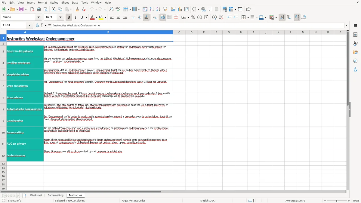 Screenshot 3: tabblad Instructies - Excel-sjabloon weekstaat onderaannemer excel sjabloon