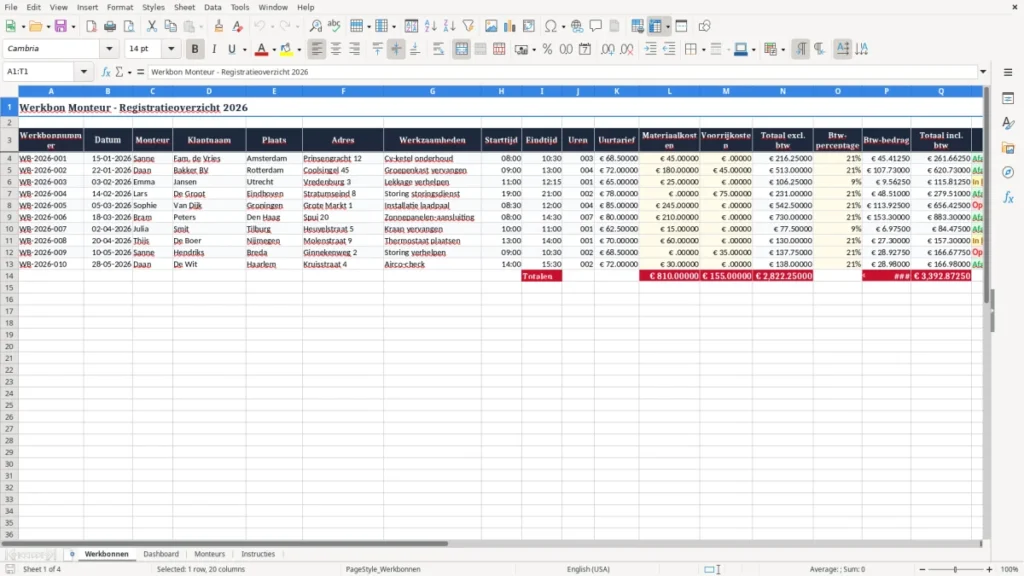 Werkbonnen – Werkbon Monteur Excel – Gratis Sjabloon (2026)