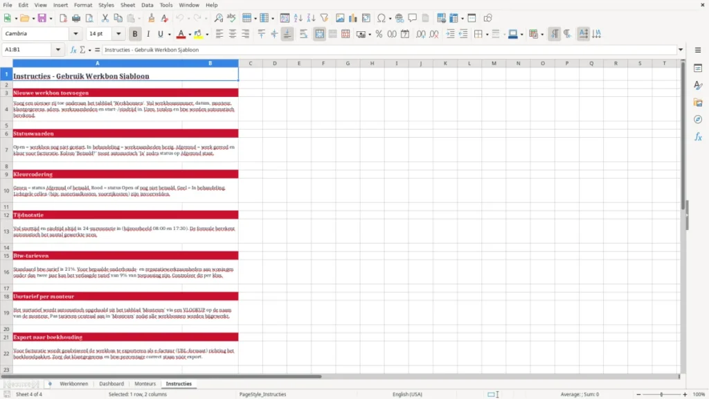 Instructies – Werkbon Monteur Excel – Gratis Sjabloon (2026)